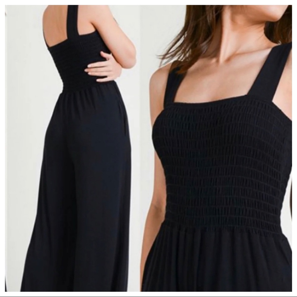 41 Mocha Boho Smocked Wide Leg Solid Knit Jumpsuit with Pocke… - Picture 6 of 7